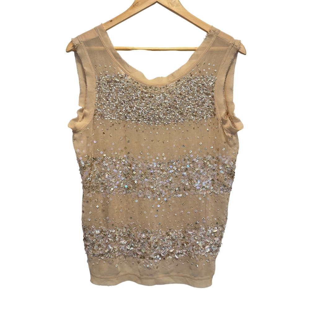 GRAY Saks Fifth Avenue Sequin Sheer Tank Top Womens Large Beige‎ Party Glam Chic